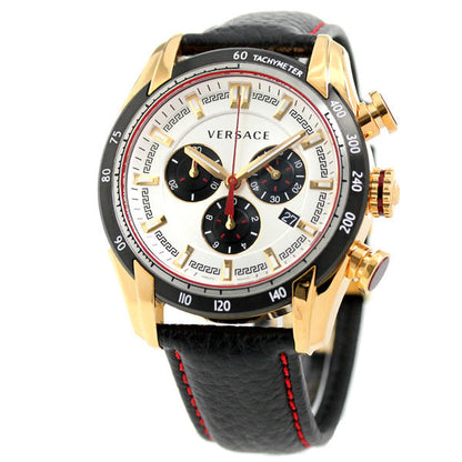 Versace V-Ray gold chronograph watch with white dial, three black subdials, black leather strap with red stitching