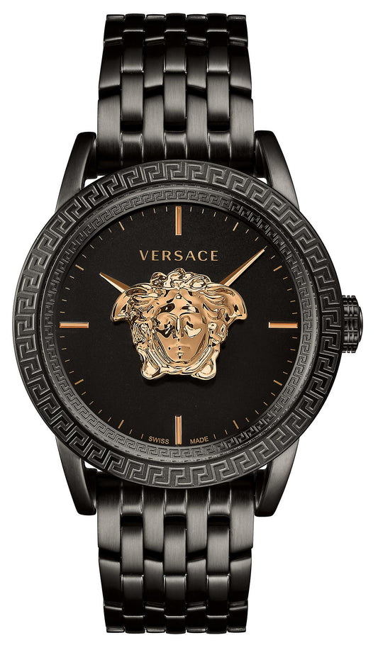 Versace men's watch with black dial, gold Medusa logo, and black stainless steel bracelet