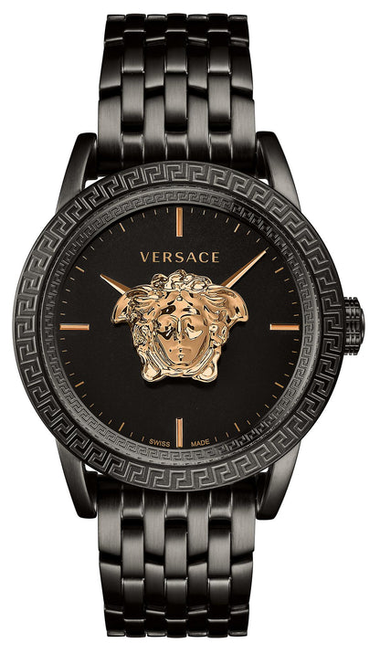 Versace men's watch with black dial, gold Medusa logo, and black stainless steel bracelet