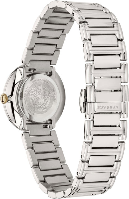 Caseback and full bracelet view of Versace Virtus Mini silver watch with Medusa emblem