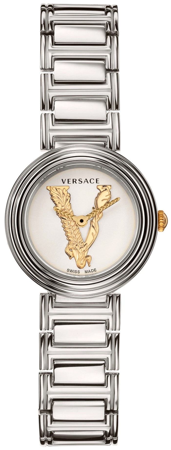 Versace Virtus Mini silver women's watch with white dial and gold Medusa logo