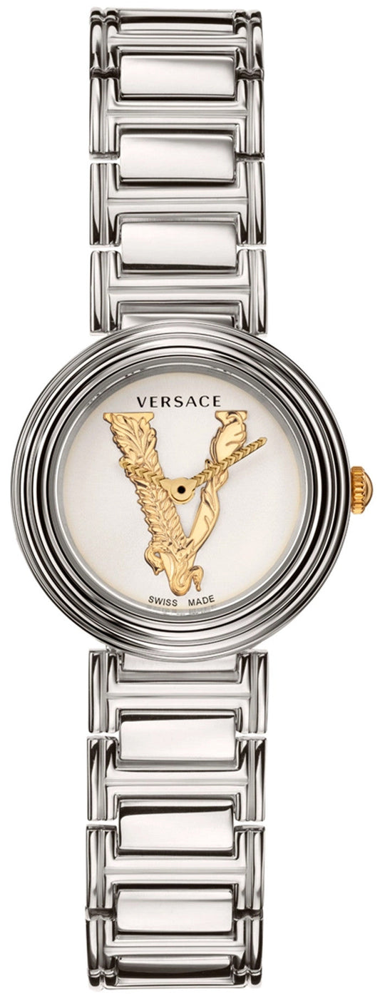 Versace Virtus Mini silver women's watch with white dial and gold Medusa logo