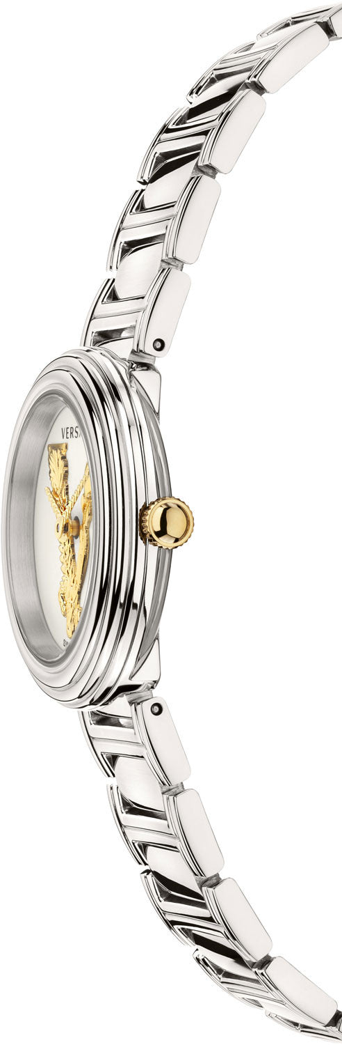 Side view of Versace Virtus Mini silver watch showing dial and bracelet detail