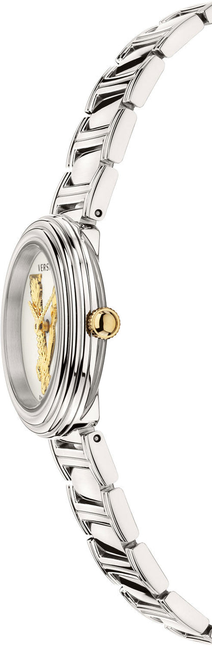 Side view of Versace Virtus Mini silver watch showing dial and bracelet detail
