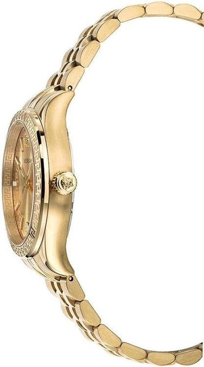 Versace Virtus gold watch side profile with bracelet links and crown visible