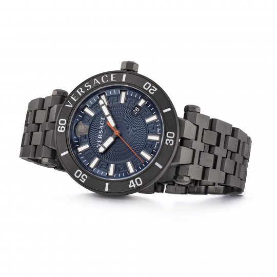 Versace Z3-Greca Sports watch displayed at angle with stainless steel bracelet