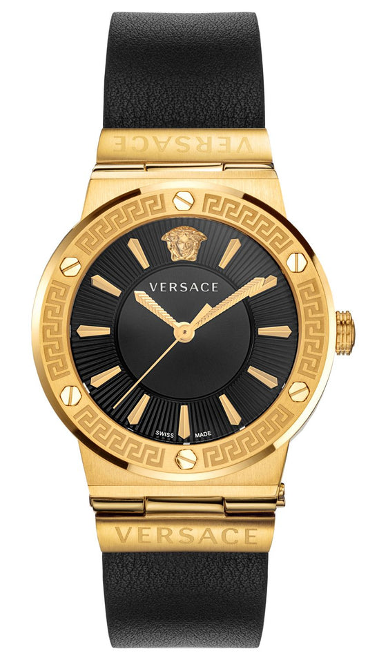 Versace Greca Gold Black Leather Women's Watch VEVH00320