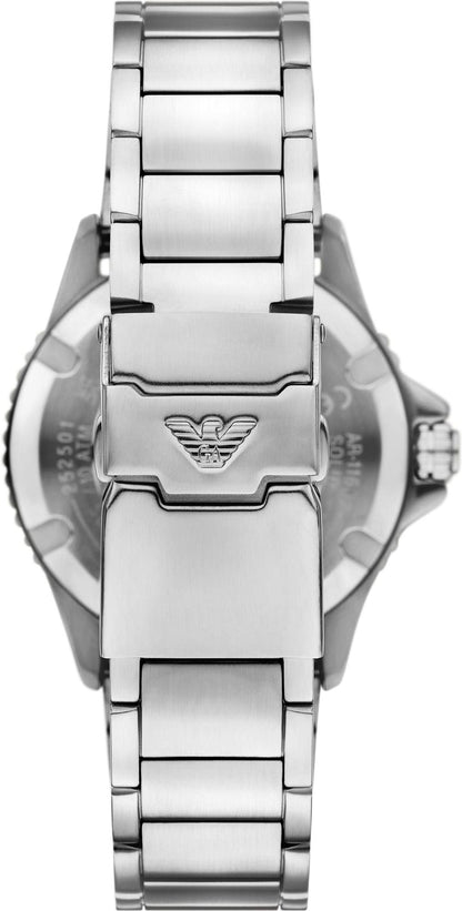 Caseback of World Explorer watch displaying stainless steel bracelet and Emporio Armani logo