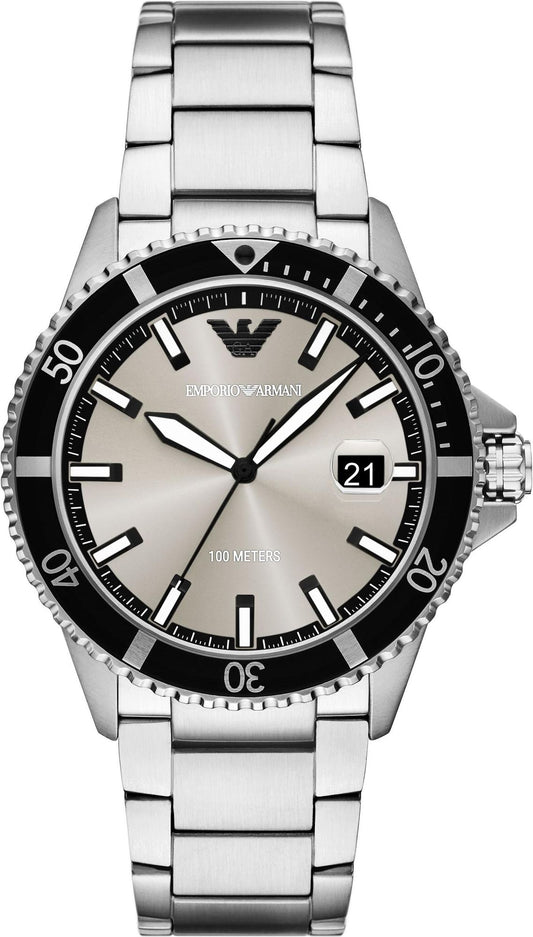Emporio Armani World Explorer stainless steel watch with black bezel and date window
