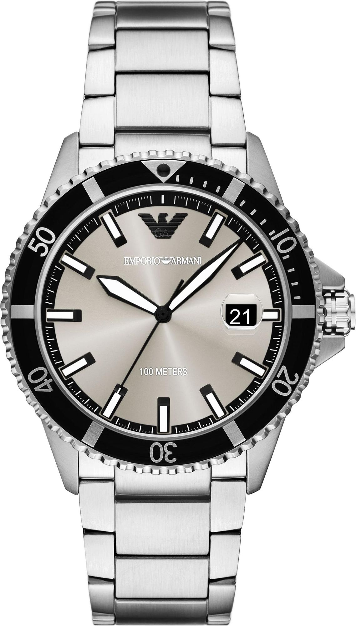 Emporio Armani World Explorer stainless steel watch with black bezel and date window