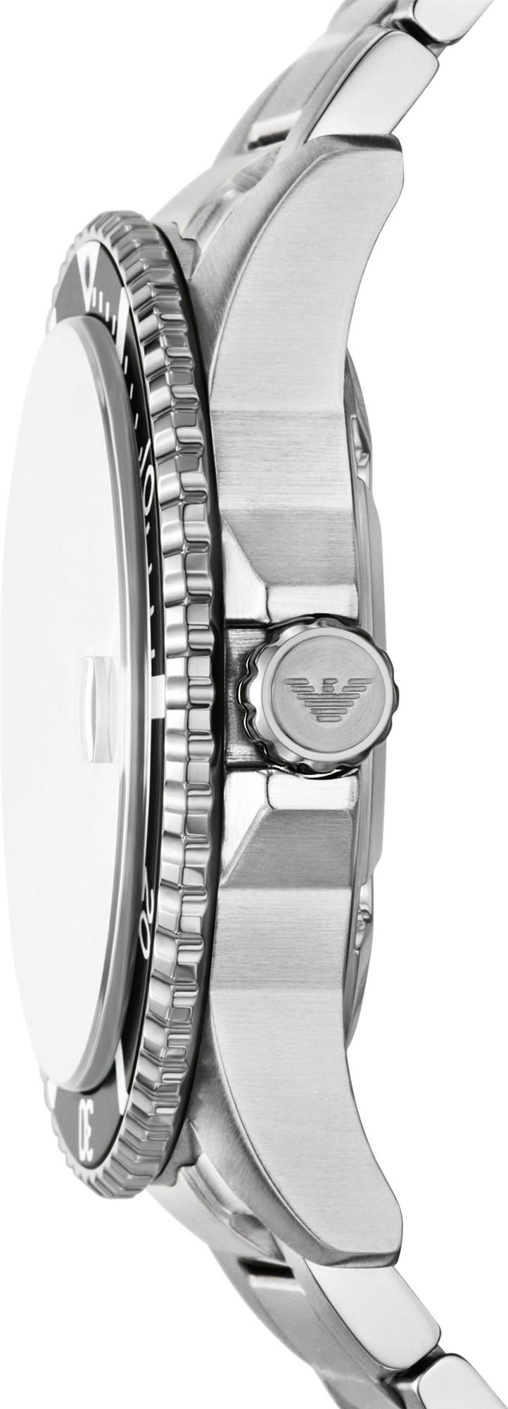Side profile of World Explorer stainless steel watch showing case thickness and bracelet