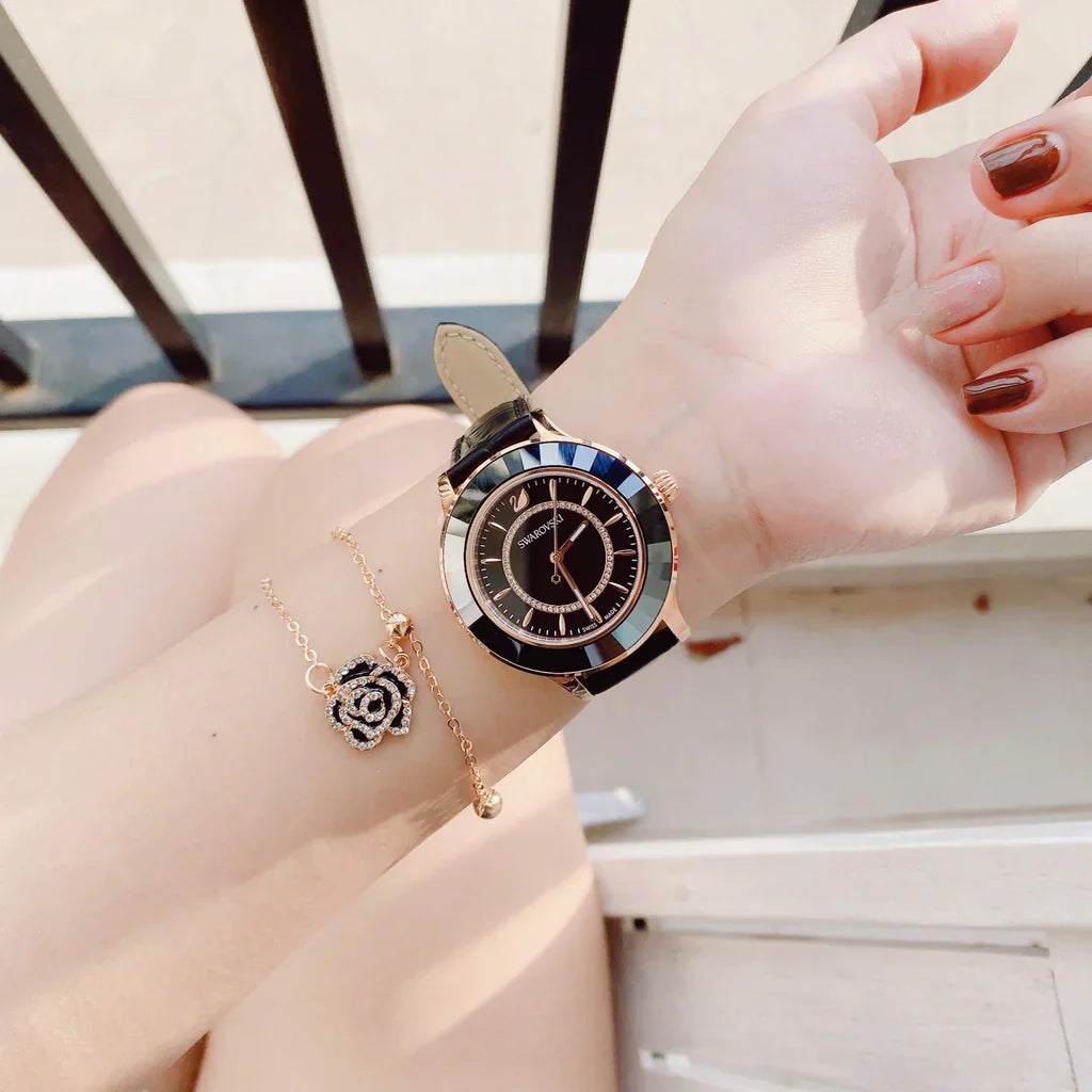 Swarovski Octea Lux Black Dial Black Leather Strap Women's Watch 5414410