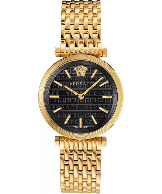 A Versace women's watch featuring a round gold-tone case, a black dial with gold-tone hands and hour markers, and a matching gold-tone link bracelet.