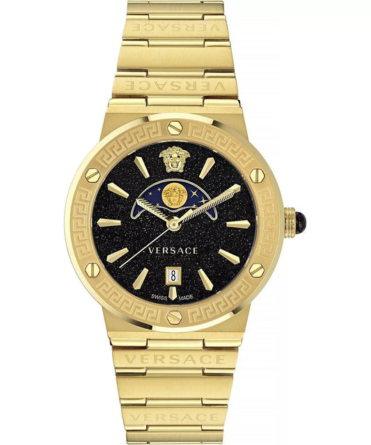 Versace Greca Logo Moonphase Black Dial All Gold Swiss Movt Watch - VE7G00323