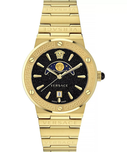 Versace Greca Logo Moonphase Black Dial All Gold Swiss Movt Watch - VE7G00323
