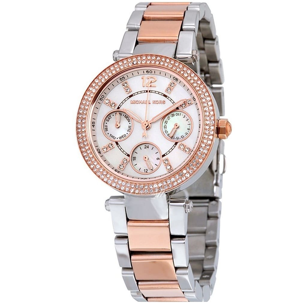 Michael Kors Mini Parker Silver Dial GMT Two Tone Stainless Steel Ladies Watch MK6306