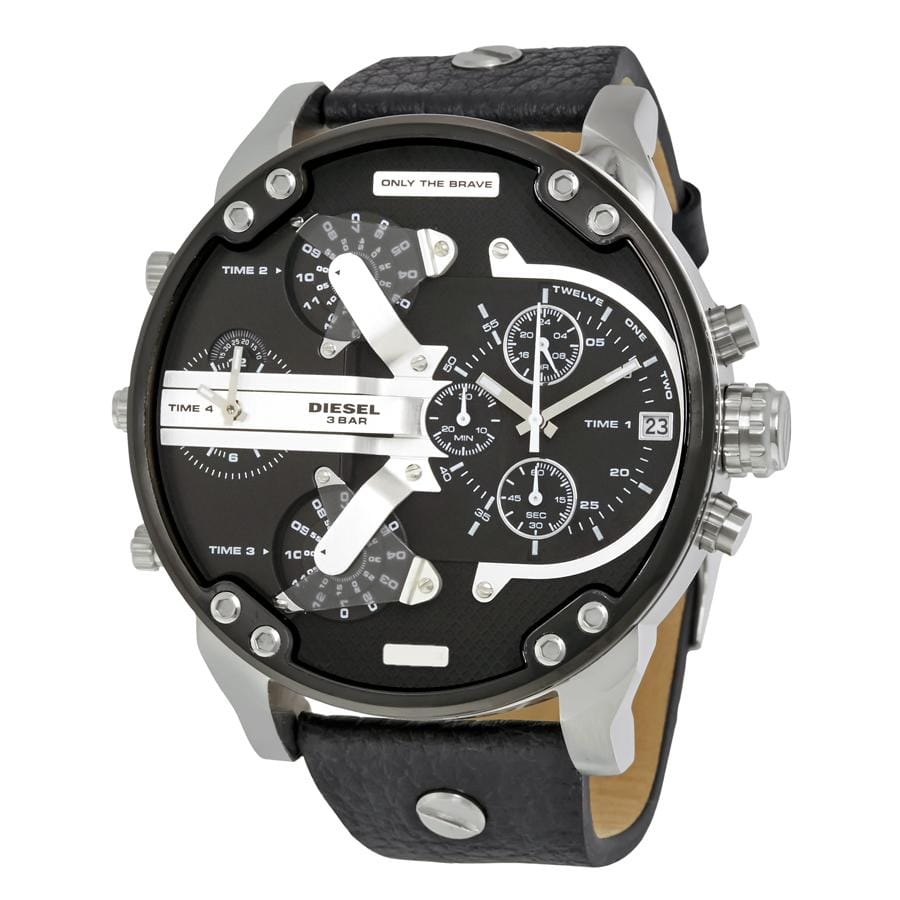 Diesel Big Daddy DZ7313 316L silver stainless steel & genuine leather strap 30m water resistant 4 time zones