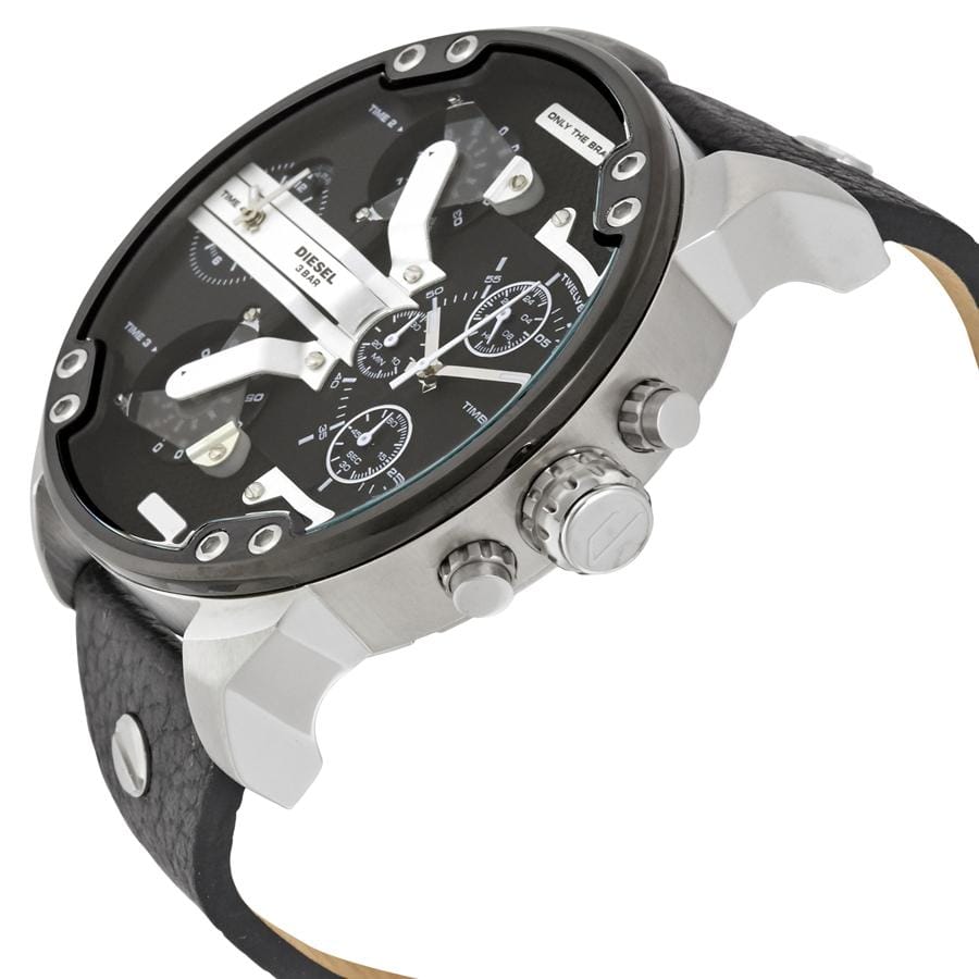 Diesel Big Daddy DZ7313 316L silver stainless steel & genuine leather strap 30m water resistant 4 time zones