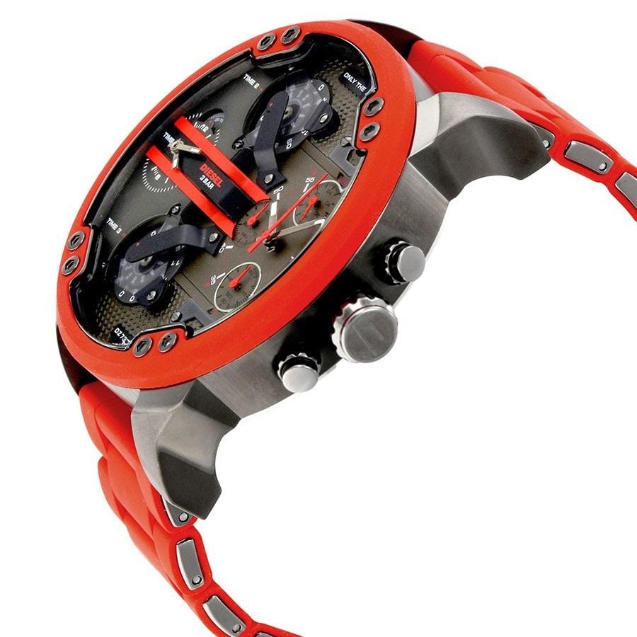 Diesel Big Daddy Watches DZ7370 316L gunmetal stainless steel with red silicone link cover strap 4 Time zones 30m water resistant