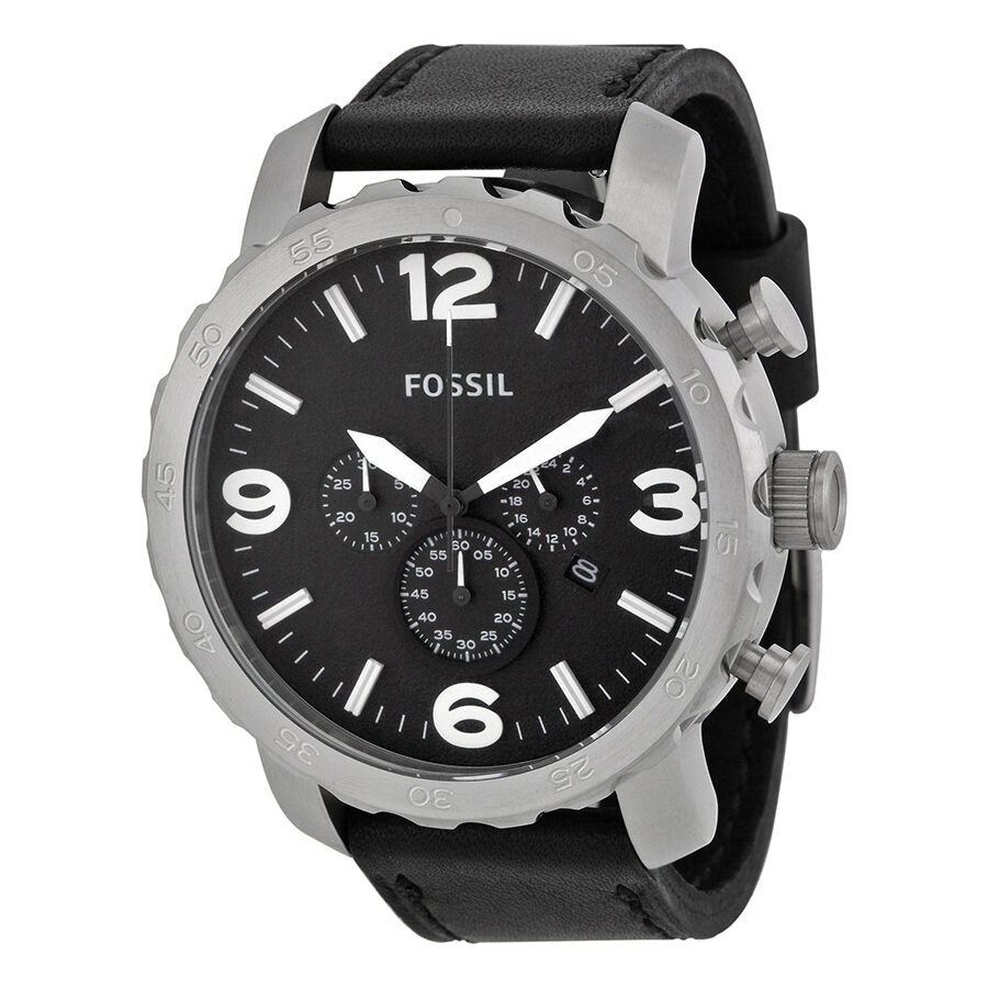 Fossil Nate Chronograph Black Dial Black Leather Men's Watch JR1436 - BigDaddy Watches