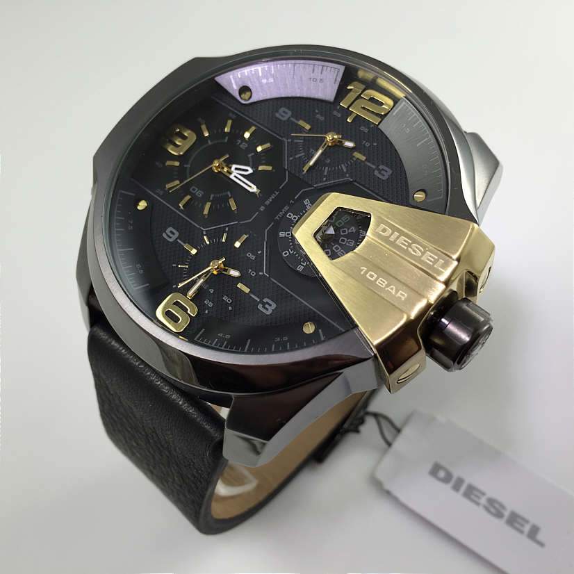 Diesel Uber Chief DZ7377 316L ion-plated stainless steel & genuine leather strap 10ATM (100m) water resistant 4 Time zones (GMT)