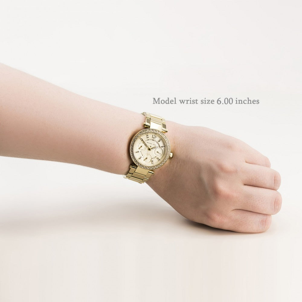 Michael Kors Mini Parker Champagne Glitz Dial Steel Ladies Watch MK6056 Water resistance: 50 meters / 165 feet Movement: Quartz  